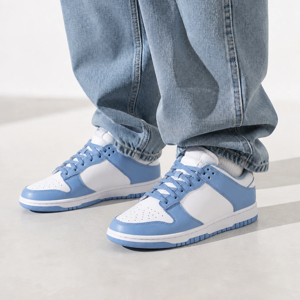Blue sneakers worn on model